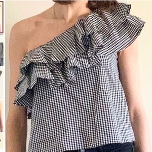 NEW MISA Los Angles black white gingham ruffle one shoulder cotton blouse L